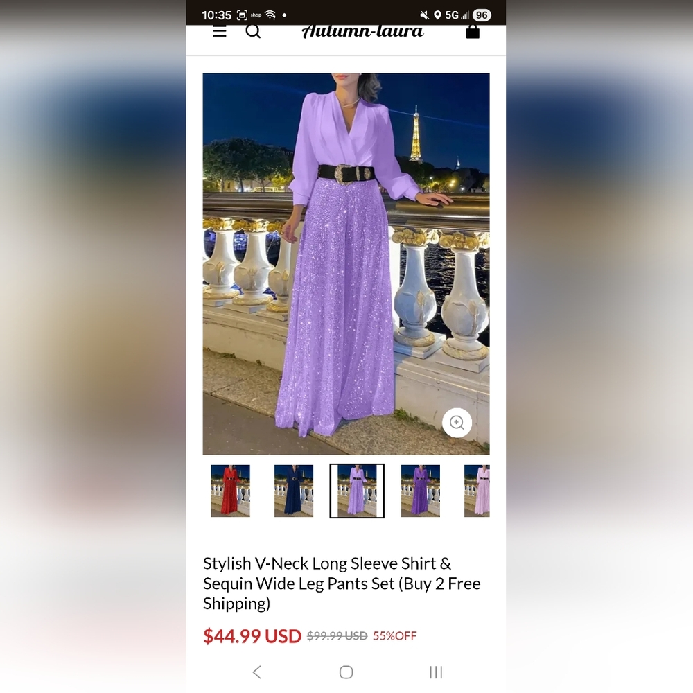 Lavender Sequin Romper/Dress Shirt & Pants Set With Belt, Size XL